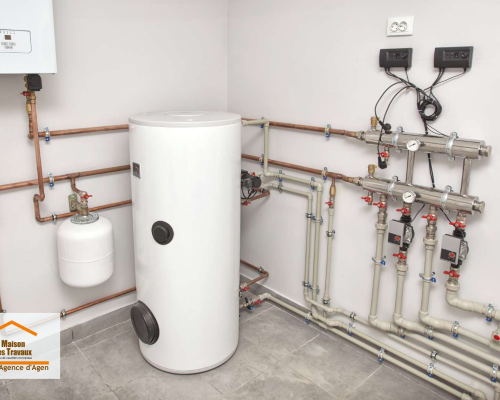Vase d’expansion installé lors d’une rénovation énergétique à Agen pour sécuriser le circuit de chauffage et optimiser le fonctionnement de l’installation.