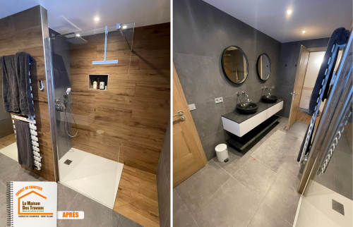rénovation salle de bain La Clusaz, carrelage mural effet bois, installation double douche, artisan plomberie Haute-Savoie, aménagement salle de bain moderne, La Maison des Travaux
