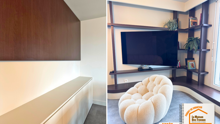 La Maison des Travaux Albertville, rénovation appartement design, rénovation haut de gamme Albertville, architecte intérieur Savoie, mobilier sur mesure noyer
