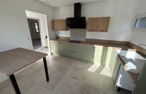 rénovation de maison avec une cuisine verte et bois