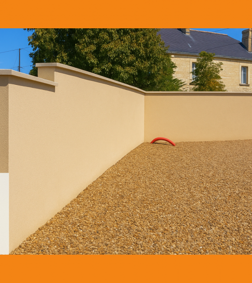 Mur de clôture haut de gamme entre Luxeuil et Lure, avec enduit lissé et gravier décoratif – Agence La Maison Des Travaux Vesoul.