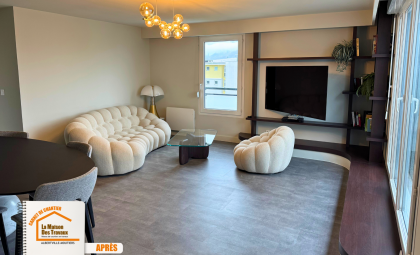  La Maison des Travaux Albertville, rénovation sur mesure Savoie, appartement moderne minimaliste, meuble TV bibliothèque noyer, rénovation élégante Albertville