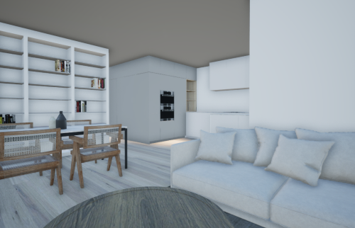 Vue 3D par architecte d'intérieur avec proposition salle à manger - bibliothèque 