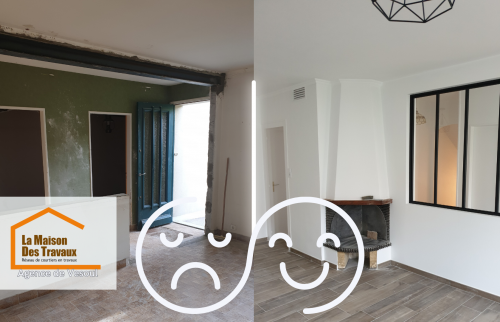 L’ouverture des espaces et la pose d’une verrière moderne transforment complètement cette maison ancienne, lui apportant luminosité et cachet.