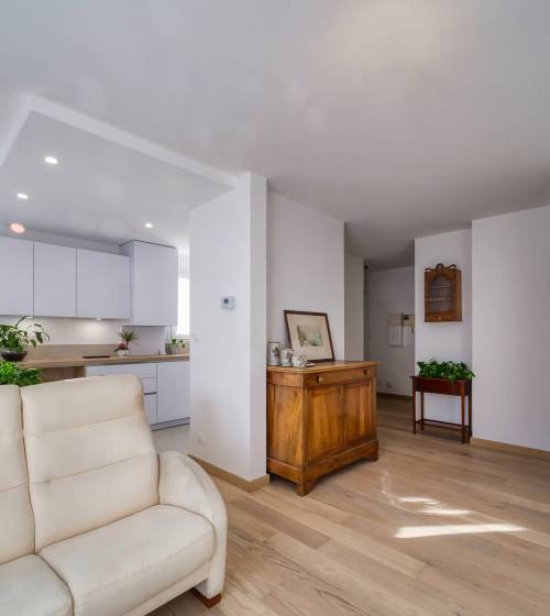 Le salon en premier plan, et la cuisine ouverte derrière