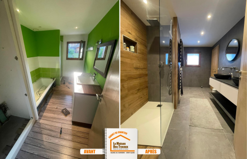 rénovation complète salle de bain, spots LED faux plafond, salle de bain montagne moderne, salle de bain design La Clusaz, carrelage gris contemporain, La Maison des Travaux Sallanches