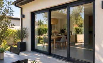 Baie vitrée coulissante à cadre noir donnant sur une terrasse et un jardin, apportant de la lumière naturelle à la salle à manger