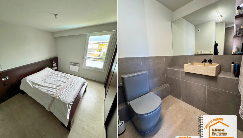 La Maison des Travaux Moûtiers, rénovation minimaliste appartement, parquet gris moderne, rénovation salle de bain pierre, courtier en travaux Albertville