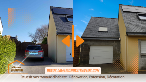 Aperçu de l'extension en cours de construction, avec les murs en parpaings qui prennent forme.