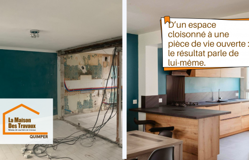 Transformation d’un espace cloisonné en pièce de vie ouverte grâce à l’ouverture d’un mur porteur entre Penmarch et Treffiagat.