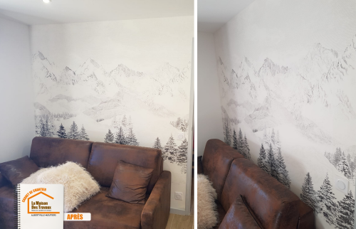  La Maison des Travaux Moûtiers, rénovation intérieure Méribel, installation cuisine moderne, papier peint panoramique salon, courtier en travaux Albertville