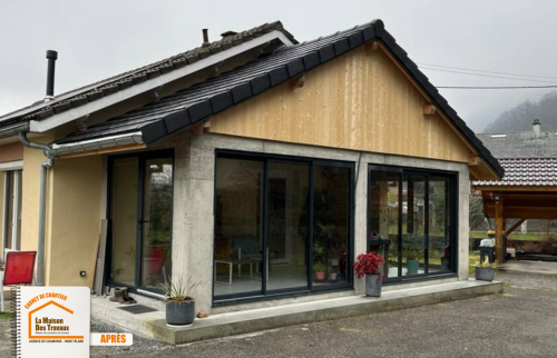 véranda Sallanches, extension maison Sallanches, rénovation véranda montagne, pose baie vitrée Sallanches, artisan charpente couverture, La Maison des Travaux Chamonix Mont-Blanc