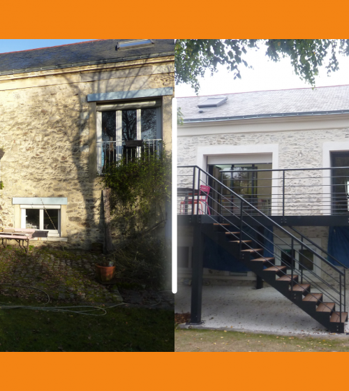 Rénovation façade à Dreux : transformation complète avec une terrasse moderne et accès métal.