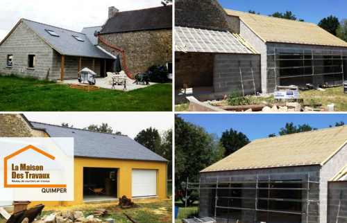 Projet de construction de garages proche de Quimper : vue globale de l’extension accolée à la maison existante, coordination artisanale et respect des volumes architecturaux.