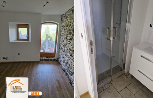 La Maison des Travaux Moûtiers, sol PVC rénovation, carrelage moderne maison, chantier abandonné solution, rénovation plomberie Savoie