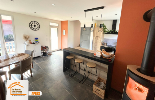 fenêtres double vitrage rénovation, carrelage grand format, électroménager intégré cuisine, peinture murs cuisine, matériaux écologiques rénovation