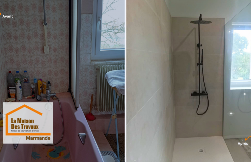 Avant rénovation : une salle de bain datée, peu pratique et à réorganiser entièrement à Xaintrailles.
