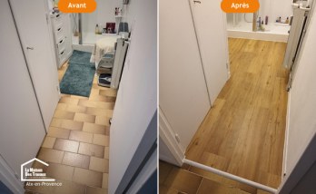 Avant/après de la rénovation d'un sol de salle de bains dans le Pays d'Aix avec la pose d'un revêtement PVC imitation parquet.