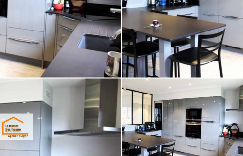 Détails de la cuisine rénovée à Aubiac : meubles contemporains, électroménager intégré et aménagement fonctionnel réalisés lors d’une rénovation complète de la maison.