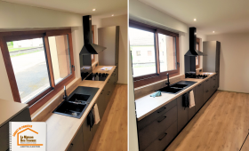 La Maison des Travaux Moûtiers, ouverture pièce cuisine, parquet cuisine moderne, faux plafond SPOTS, entreprise rénovation intérieure Grignon