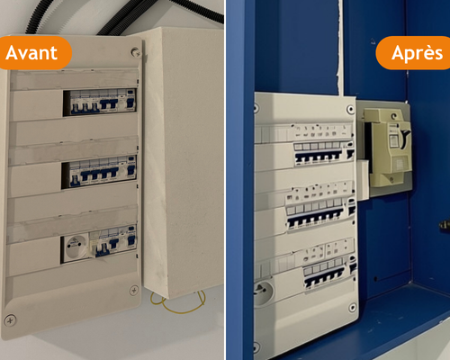 Avant-après d’un tableau électrique rénové près d’Agen, avec refonte du coffret et meilleure organisation des protections et circuits.