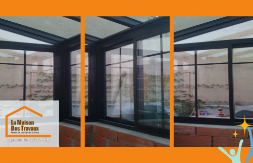 Détails soignés d’une véranda à Pluguffan : menuiseries aluminium, grandes surfaces vitrées et finitions propres pour un rendu moderne et durable.