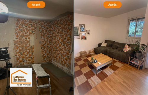     Avant / après d’une rénovation complète de salon à Aix-en-Provence : détapissage, reprise des murs, modernisation des espaces et transformation d’un intérieur ancien en pièce de vie chaleureuse et lumineuse grâce à l’accompagnement de Laurent Nemer.