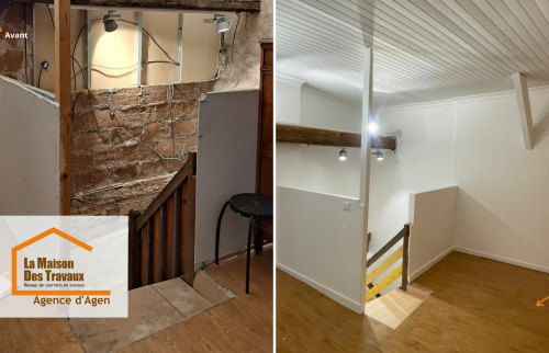 Transformation impressionnante du haut de l’escalier : cloison recréée, câbles dissimulés, et nouvelle circulation plus fluide et esthétique.