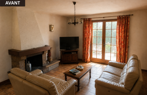 Salon avant rénovation dans une maison familiale à Cassis. Pièce de vie avec carrelage ancien, cheminée traditionnelle et décoration datée avant travaux.