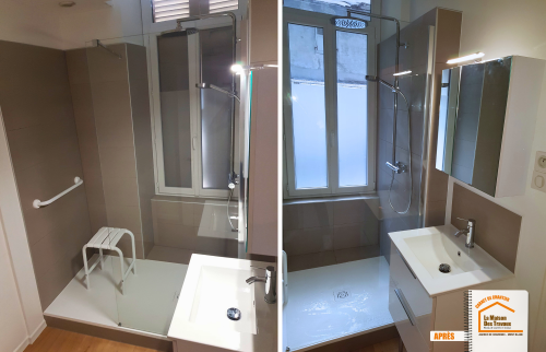 rénovation salle de bain Sallanches, remplacement baignoire douche, aide MaPrimeAdapt Haute-Savoie, artisan salle de bain Chamonix, douche moderne sécurisée, la maison des travaux chamonix