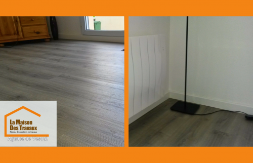 Un nouveau sol imitation bois qui allie élégance, clarté et modernité dans un appartement rénové avec soin.