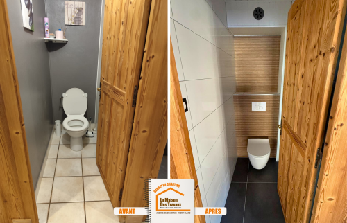 travaux rénovation Chamonix Mont-Blanc, carrelage élégant durable, rénovation WC et salle d’eau, appartement moderne montagne, courtier travaux Haute-Savoie, la maison des travaux sallanches