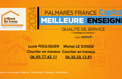 Faites appel à Lucie Pouliquen et Michel Le Donge, courtiers en travaux à Quimper, pour vos projets de rénovation, extension ou décoration avec des artisans de confiance.