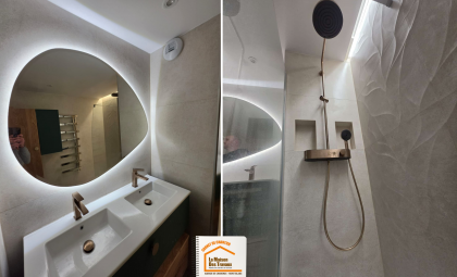  rénovation salle de bain Sallanches, douche design moderne, carrelage grand format salle de bain, rénovation salle de bain Haute-Savoie, la maison des travaux chamonix