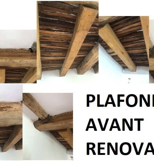 Plafond avec poutres apparentes avant rénovation dans cette maison à Hénin-Beaumont