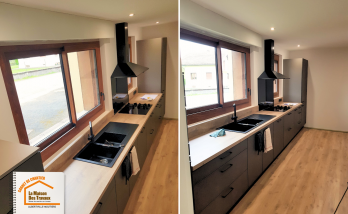 La Maison des Travaux Moûtiers, ouverture pièce cuisine, parquet cuisine moderne, faux plafond SPOTS, entreprise rénovation intérieure Grignon