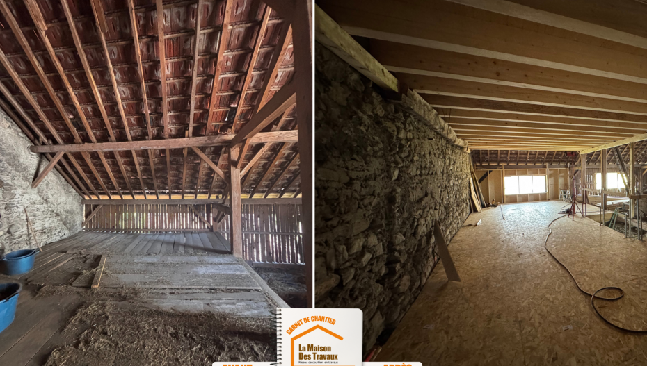 transformation grange habitation, rénovation structure bois, création mezzanine Combloux, réhabilitation bâtiment ancien, rénovation intérieure montagne