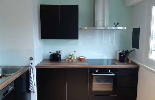 Cuisine équipée, crédence en verre dans un studio à Riedisheim