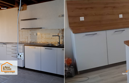 Travaux de rénovation cuisine à Colayrac près d’Agen : reprise complète de l’électricité, optimisation des volumes et réorganisation des meubles existants pour un espace plus fonctionnel.