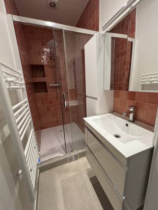  Douche vitrée, vasque et rangement intégré