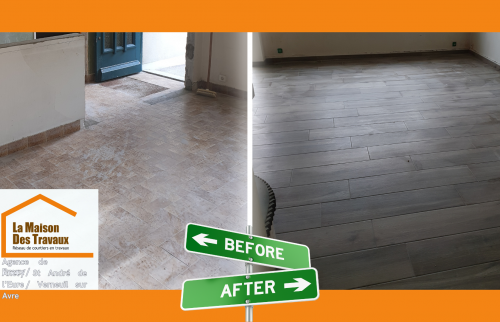 Avant/Après : rénovation de sol près de Verneuil sur Avre, carrelage imitation bois pour un intérieur chaleureux. 