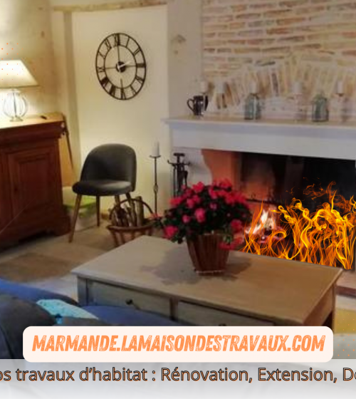 Une rénovation réussie mettant en valeur la cheminée d'époque, pour un salon chaleureux et accueillant à Casteljaloux.