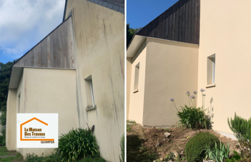 Ravalement de façade à Quimper avec comparaison avant/après : nettoyage complet et remise en état pour redonner éclat et modernité à la maison.