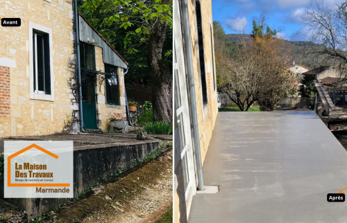 Avant / Après d’une terrasse extérieure proche de Fumel : Sandrine Férin, courtière La Maison Des Travaux Marmande, réalise une terrasse béton durable avec drainage performant pour protéger la maison de l’humidité.
