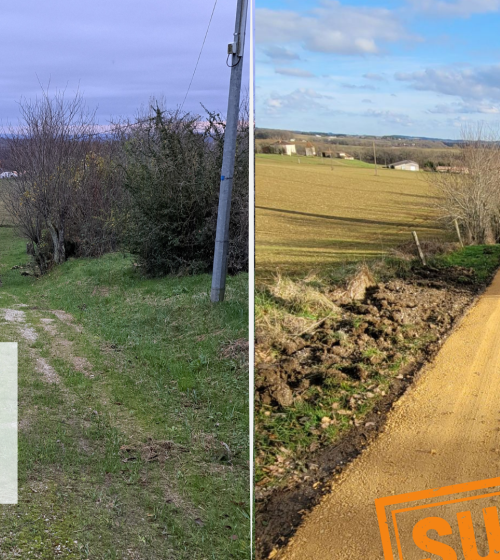 Avant/Après rénovation de chemin à Saint-Caprais-de-Lerm – Création d’un chemin en grave compactée pour un accès stabilisé et durable. 📍 #Travaux #Aménagement