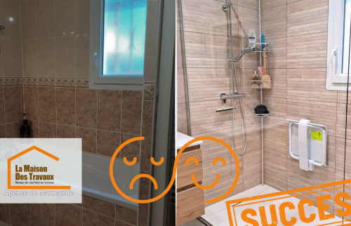 Avant / Après - Transformation salle de bain à Seyches : Rénovation réussie d’une salle de bain avec douche à l’italienne et design moderne. Confort et élégance garantis !