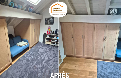 cuisine bois sur mesure, artisan ébéniste Haute-Savoie, optimisation espace maison, projet aménagement Bassin Genevois, dressing intégré sous pente