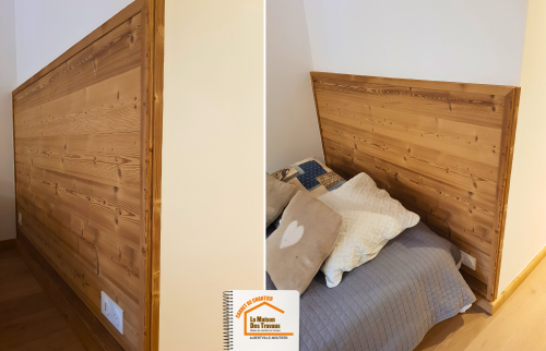 La Maison des Travaux Albertville, rénovation studio Brides-les-Bains, parquet massif montagne, cuisine compacte moderne, bardage bois intérieur, studio rénové Savoie