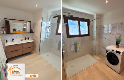 rénovation complète salle de bain, remplacement baignoire douche, éclairage LED encastré, carrelage beige naturel, rénovation intérieure Rognaix