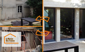 Avant / Après rénovation façade à Luxeuil : Transformation d’une façade ancienne avec ajout de grandes baies vitrées pour plus de luminosité et de modernité.